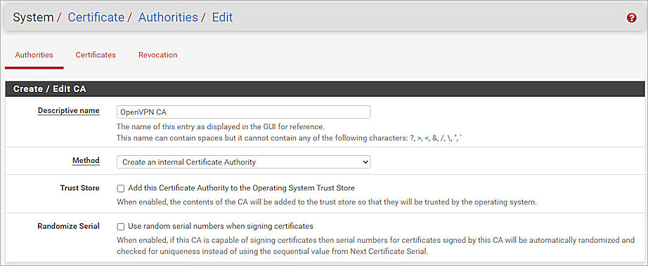 Screenshot of pfSense, CA 1